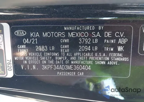 2021 Kia Forte Gt-Line from USA, damaged, VIN 3KPF34AD3ME360404